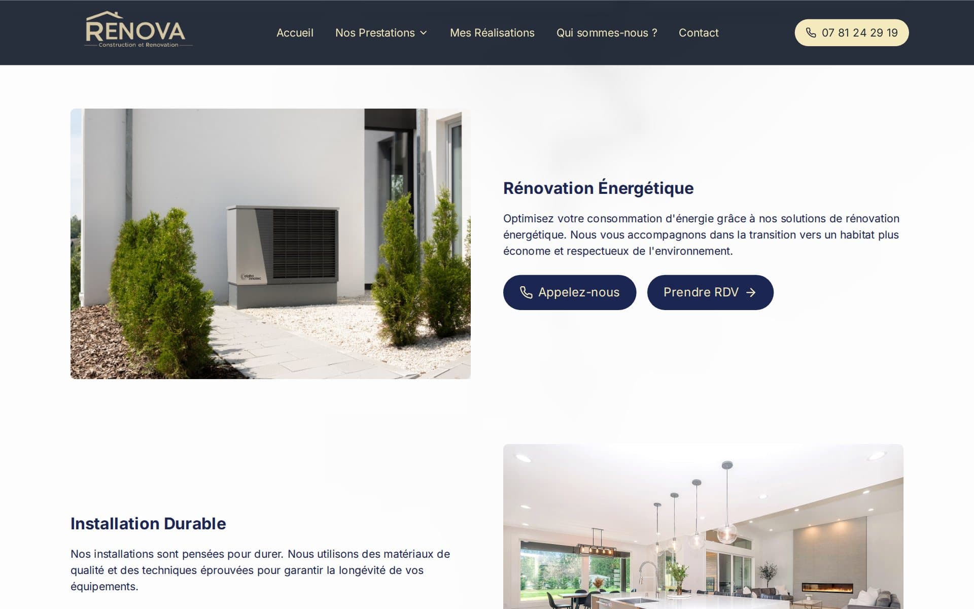 Section « Rénovation énergétique » du site Renova, avec une pompe à chaleur et les boutons Appelez-nous et Prendre RDV
