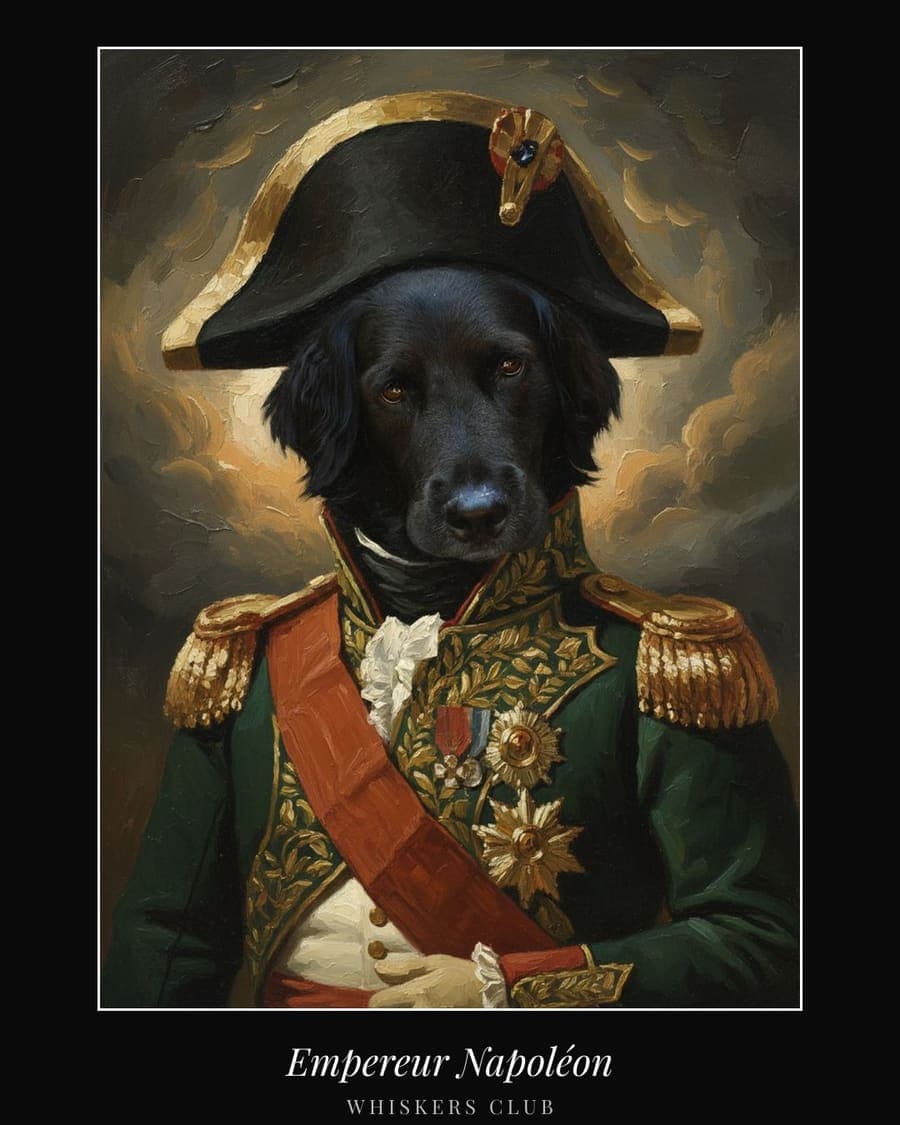 Portrait peint d'un chien en empereur Napoléon